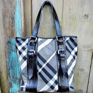 Burberry Black Beat Check Lowry Tote Bag Nylon & Patent Leather
